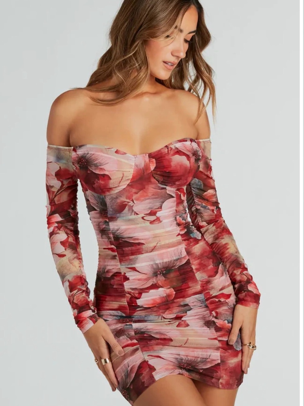 Windsor Off-Shoulder Red Floral Long Sleeve Bodycon Dress